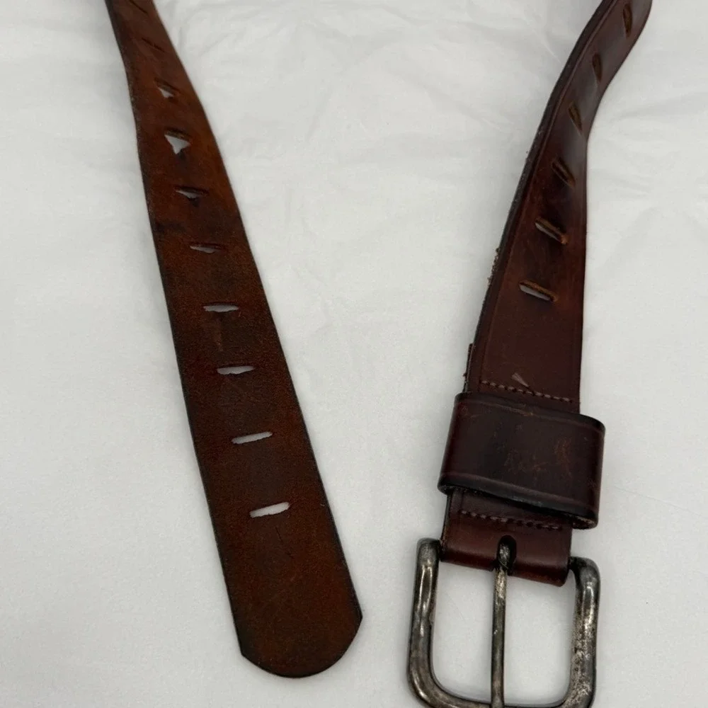 Brown Leather Perforated Belt Distressed Rugged Casual Brown Size 39